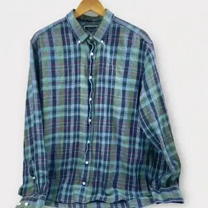 Charles Tyrwhitt Shirt Mens Large Slim Fit Blue Green Plaid Long Sleeves